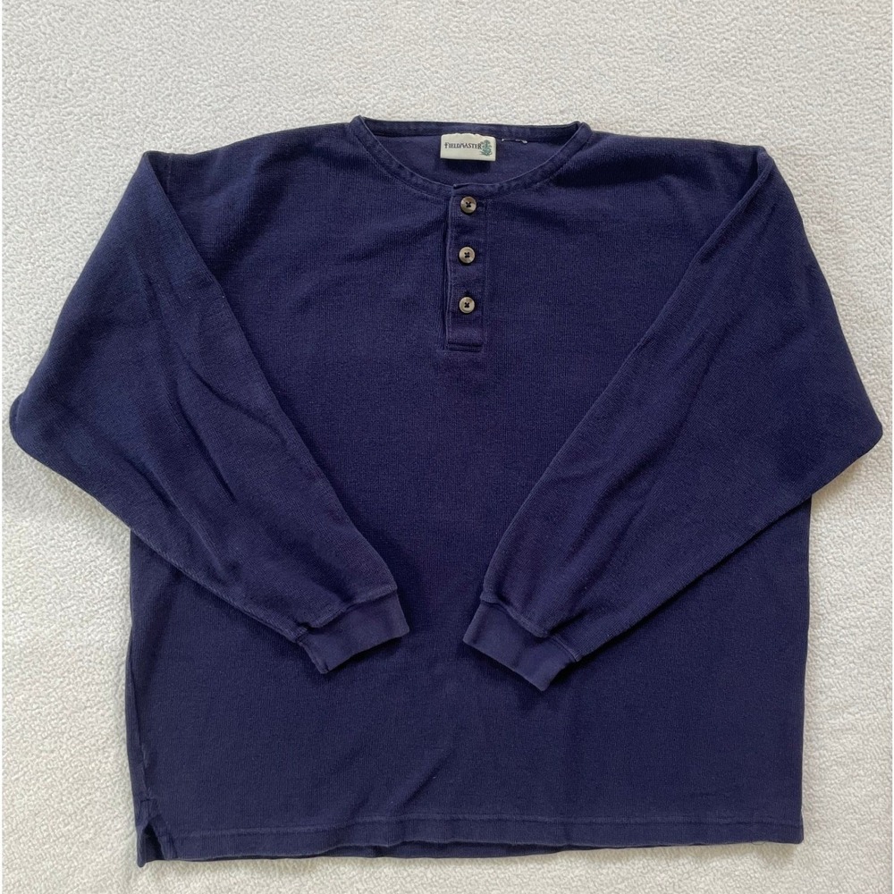 VTG‎ Fieldmaster Mens XL Henley Shirt Blue Long Sleeve Waffle Knit Cotton Heavy